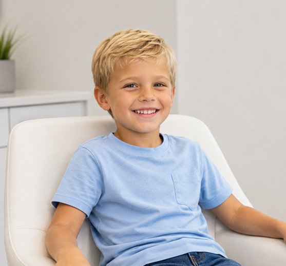 A smiling boy with blonde hair sits in a dental chair in a bright treatment room at a Cape Coral dentist office.