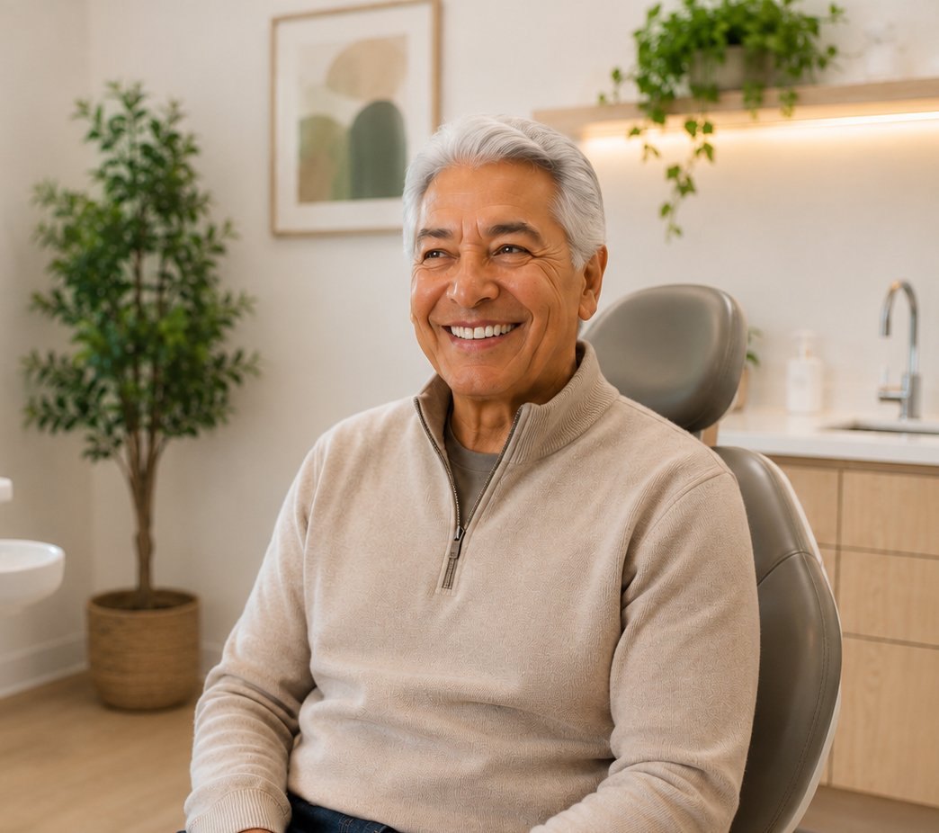 A smiling older man sits comfortably in a dental chair in a modern treatment room with plants and soft lighting.