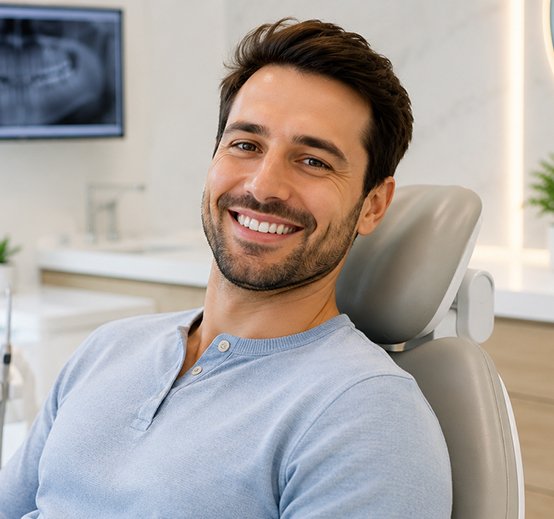 A smiling patient sitting in a dental exam chair with a modern dental office background.