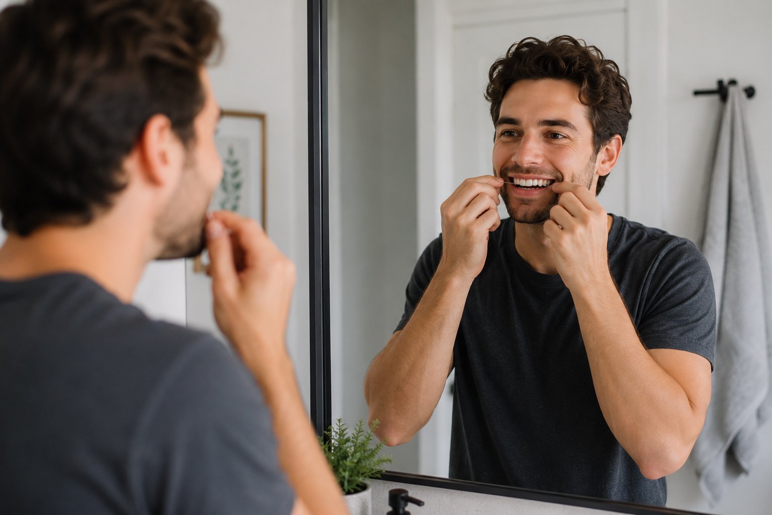 A man flossing his teeth while looking in the bathroom mirror.