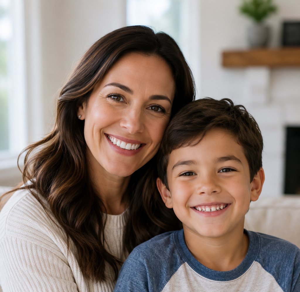 A woman and a smiling boy pose closely together, showcasing bright smiles in a cozy, well-lit living room.