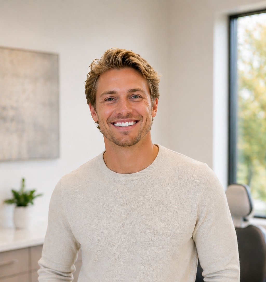 A smiling man in a light sweater stands in a bright dental office, with a dental chair and plants visible in the background.