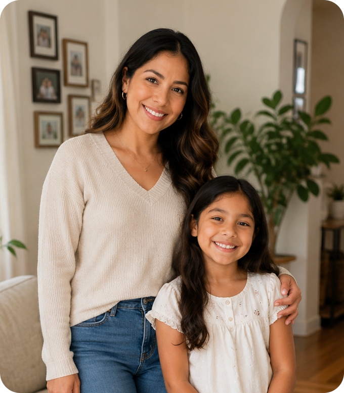 A woman and a girl standing together, smiling in a bright, cozy living room with greenery and framed photos in the background.