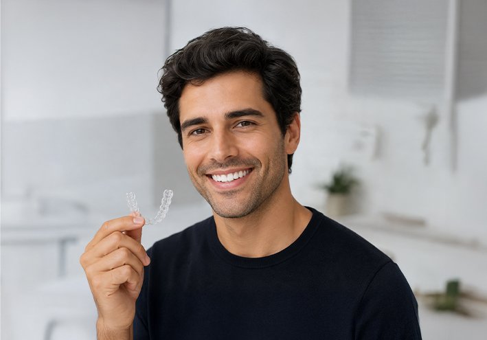 A male patient smiles while holding clear aligners, indicating orthodontic treatment options at a dentist in Cape Coral, FL.