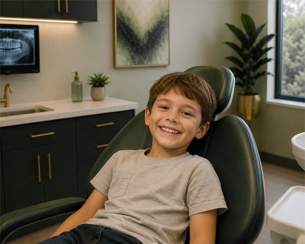 A smiling young boy in a dental chair sits in a modern dentist treatment room with plants and dental equipment visible.